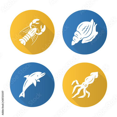 Ocean animals flat design long shadow glyph icons set. Dolphin, squid, lobster, triton. Underwater world inhabitants. Swimming fish. Sea fauna. Seafood restaurant menu. Vector silhouette illustration