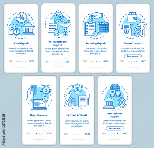 Savings, deposit investment onboarding mobile app page screen with linear concepts. Different deposit types. Walkthrough steps graphic instructions set. UX, UI, GUI vector template with illustrations