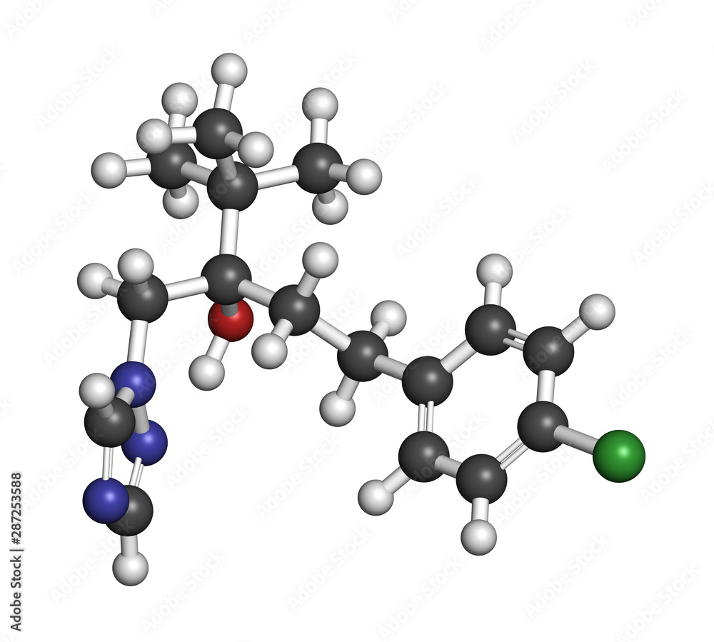 Tebuconazole fungicide molecule. 3D rendering. Atoms are represented as spheres with conventional color coding: hydrogen (white), carbon (grey), oxygen (red), nitrogen (blue), chlorine (green).