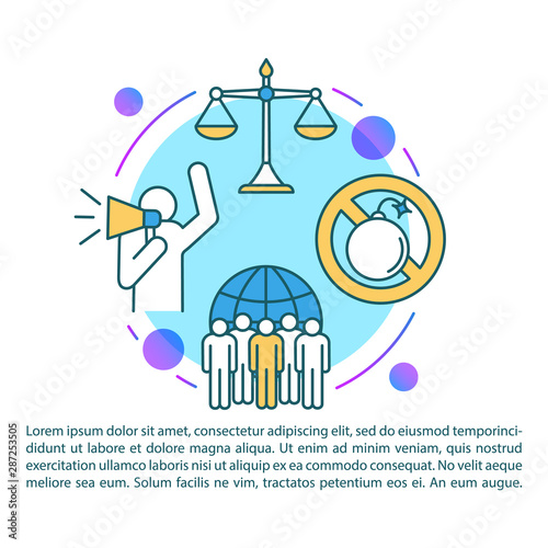 Pacifism movement article page vector template. Nonviolent resistance brochure, magazine, booklet design element with linear icons and text boxes. Print design. Concept illustrations with text space