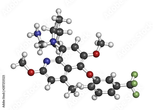 Tafenoquine malaria drug molecule. 3D rendering. Atoms are represented as spheres with conventional color coding: hydrogen (white), carbon (grey), etc photo