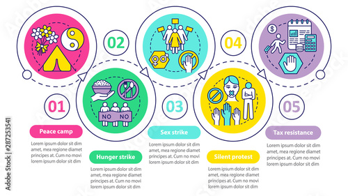 Nonviolent resistance vector infographic template. Business presentation design elements. Data visualization with five steps and options. Process timeline chart. Workflow layout with linear icons