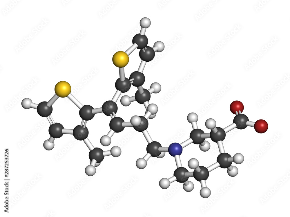 Tiagabine epilepsy drug molecule. 3D rendering. Atoms are represented as spheres with conventional color coding: hydrogen (white), carbon (grey), nitrogen (blue), oxygen (red), sulfur (yellow).