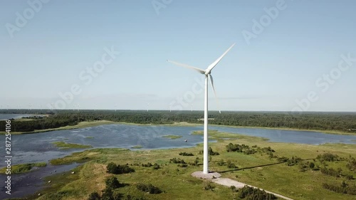 Beautiful windmill turbines, Estonia, Virtsu park. Aerial drone video. Aerial View photo