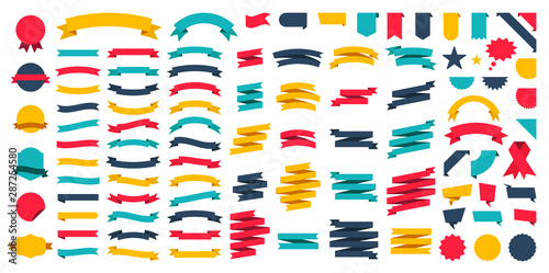 Set of 100 Ribbons. Ribbon elements. Starburst label. Vintage. Modern simple ribbons collection. Vector illustration.
