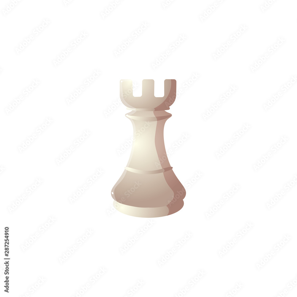 White rook chess icon. Raster illustration in flat cartoon style on white background