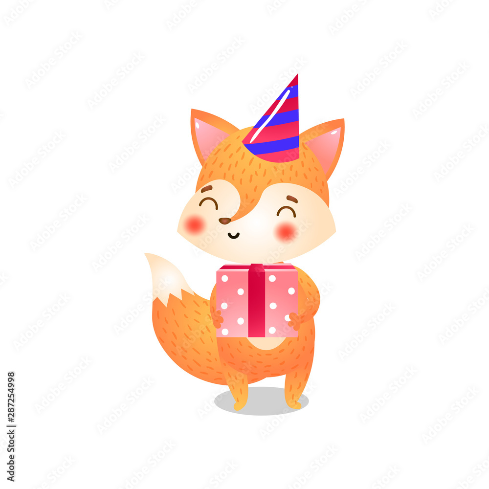 Obraz premium Birthday fox cub. Raster illustration in flat cartoon style on white background