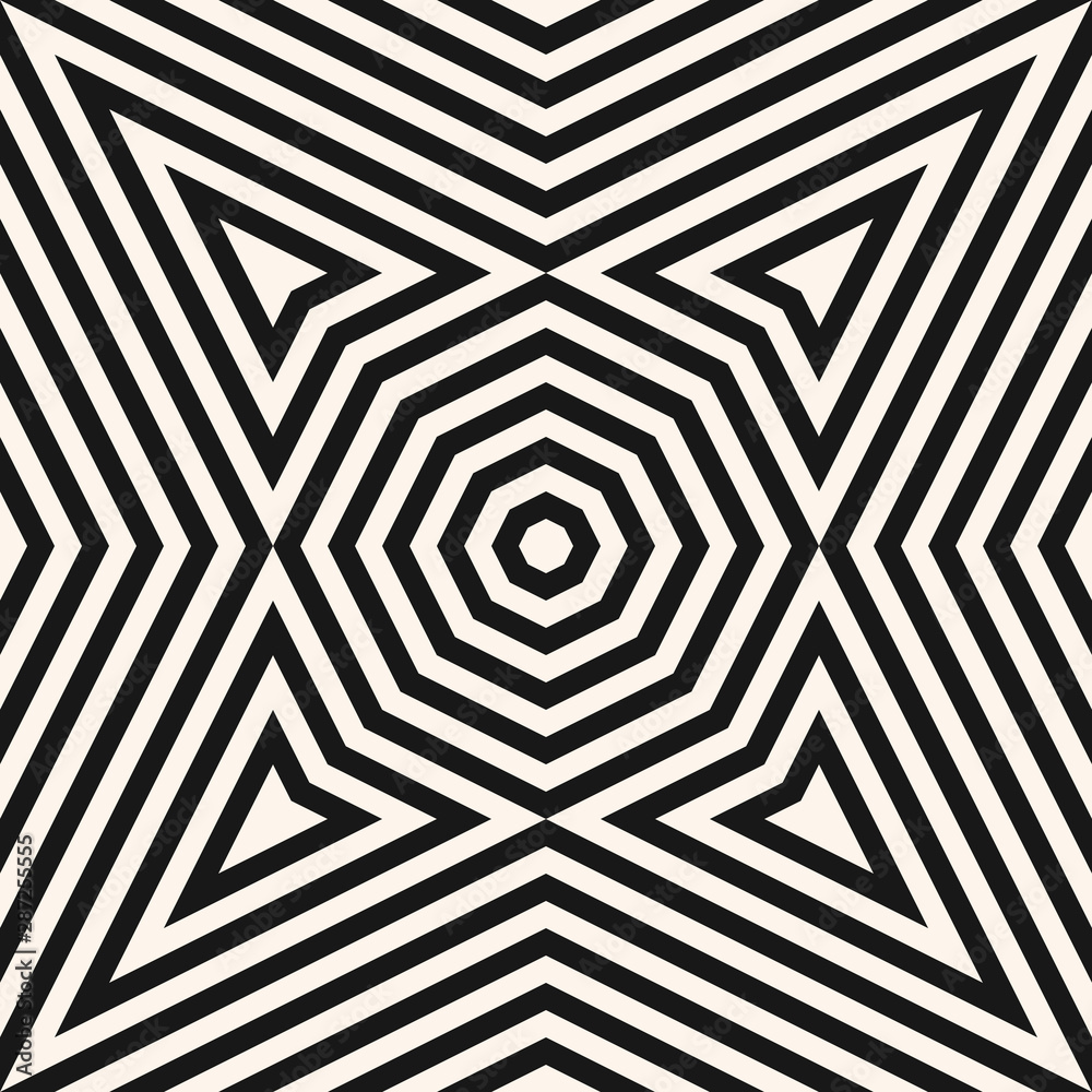 Black and white vector geometric seamless pattern with lines, stripes, octagons