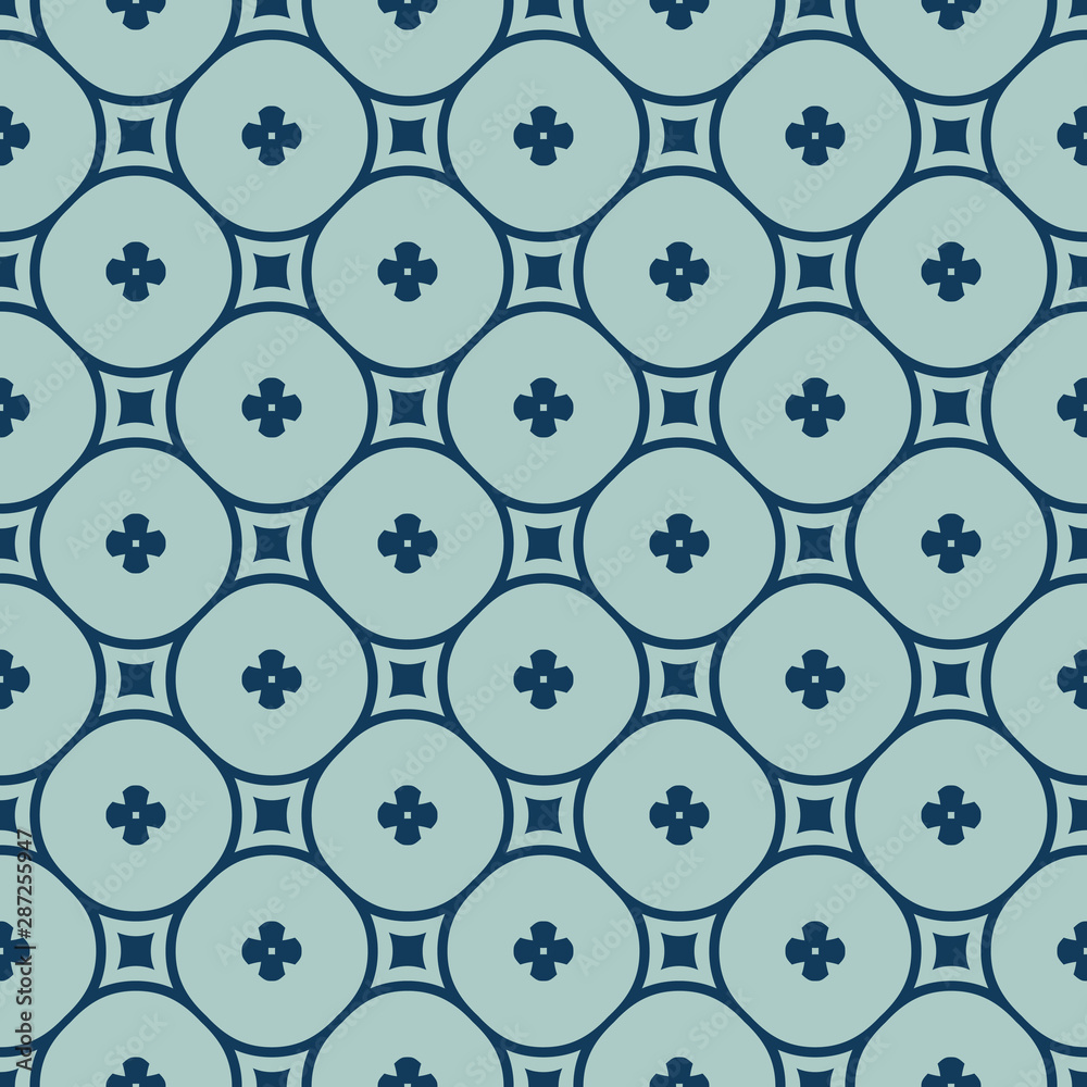 Simple vector floral geometric seamless pattern with flowers, circles, grid