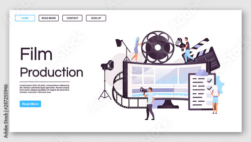 Film production landing page vector template. Video making website interface idea with flat illustrations. Movie pre production homepage layout. Filmmaking crew web banner, webpage cartoon concept