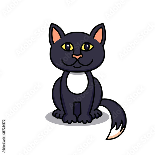 Cute black cat, cartoon linear art, animal sketch. Vector illustration of little smile beautiful kitten, flat outline style, isolated on white background © Маргарита Федоренко