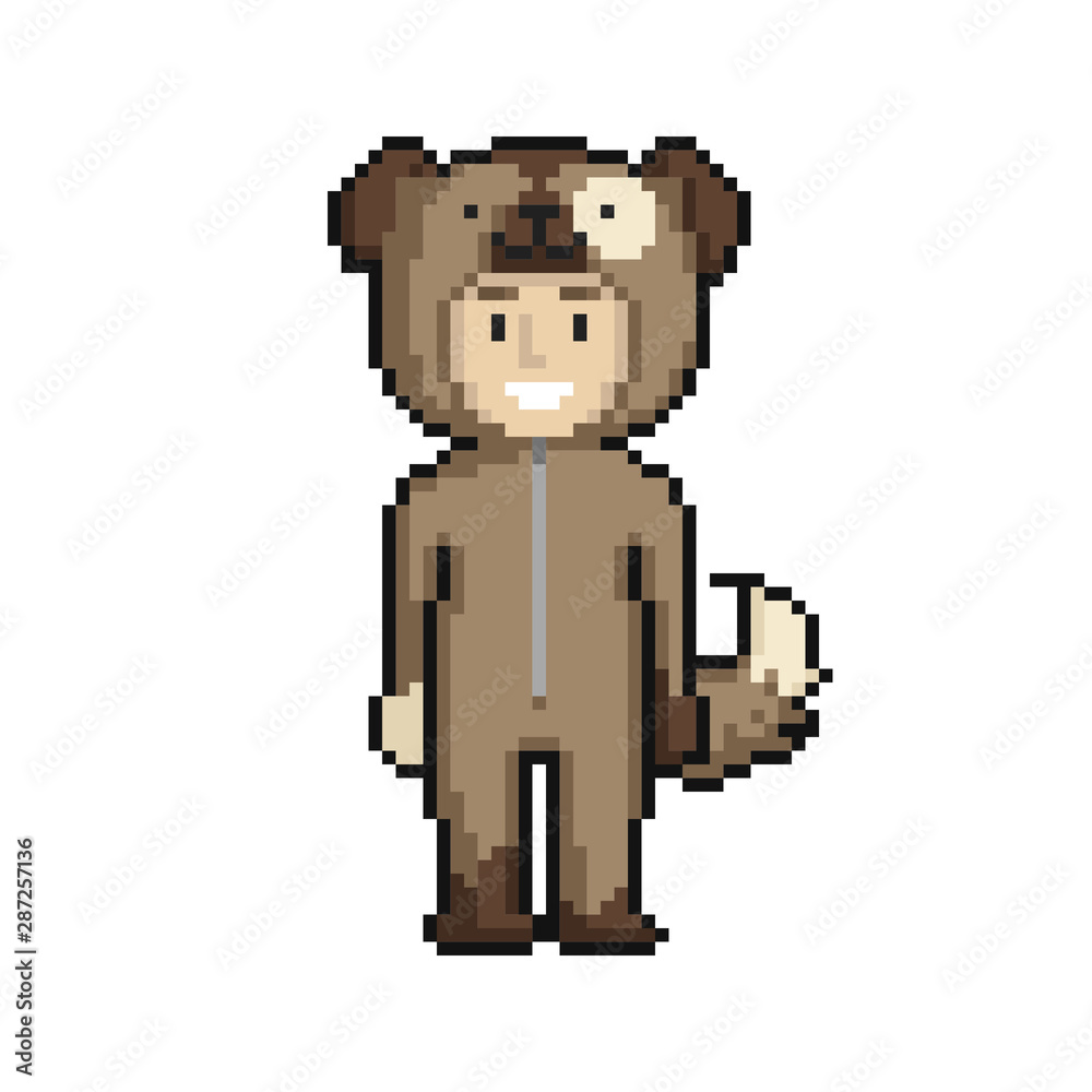 Fototapeta premium Сute cartoon kid in dog costume. Pixel art on white background. Vector illustration.