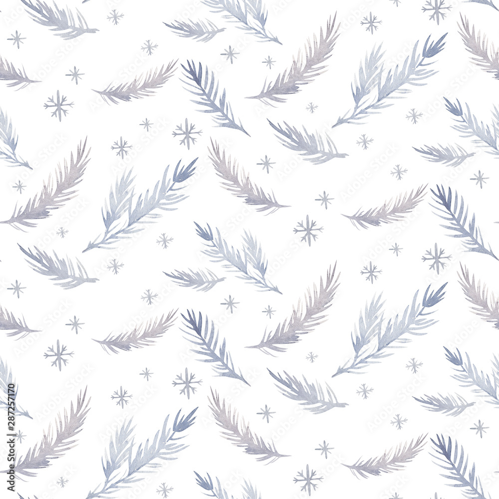 Fototapeta Watercolor seamless Christmas pattern with floral forest tree, snowflakes, branches. Penguin winter snow hand drawn