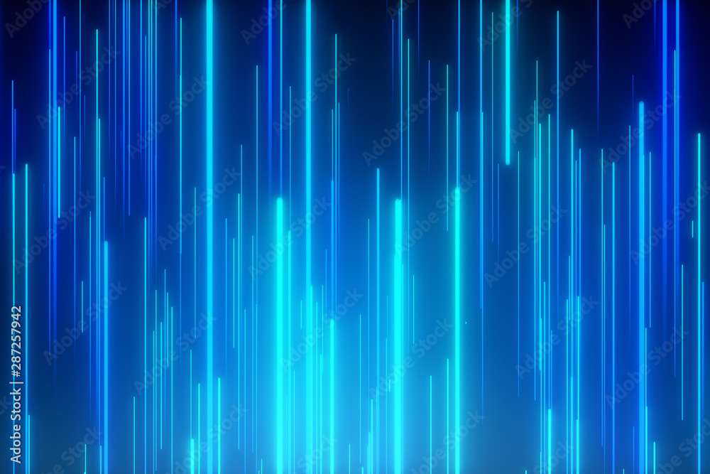 Abstract directional neon lines geometric background. Data flow. Optical fiber. Explosion star. 3d illustrationmotion effect. Blue modern light spectrum, fluorescent ultraviolet light.
