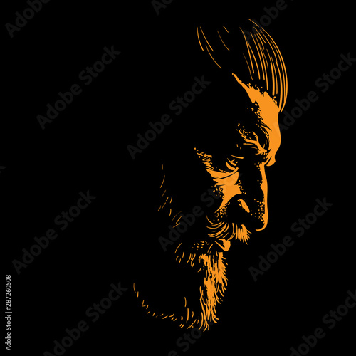 Brutal bearded man portrait in backlight. Vector