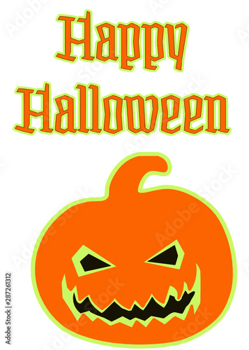 Happy halloween poster with scary pumpkin. Glowing effect Halloween design vector illustration isolated on white background. Text happy halloween with pumpkin.
