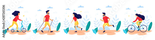 Healthy lifestyle. Different physical activities: kick scooter, nordic walking, meditating, roller skating, cyckling, running. Flat vector illustration.