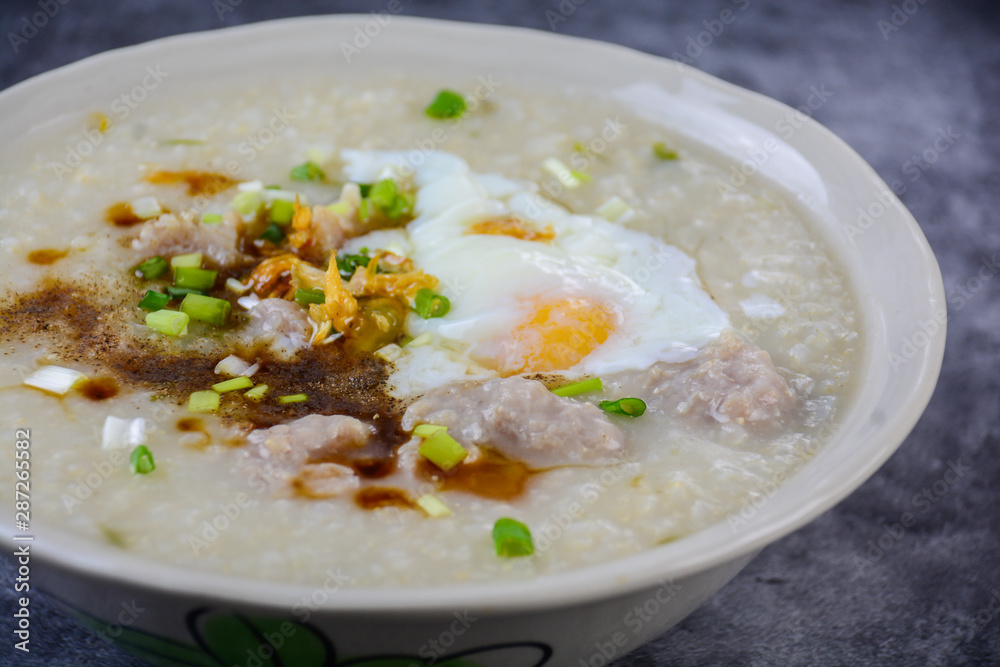 Congee, Rice porridge with minced pork, boiled egg, great for breakfast. Congee, Rice porridge with minced pork, boiled egg, great for breakfast.