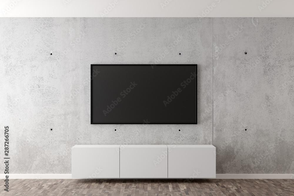 Flat smart tv panel on concrete wall with white sideboard and brown wooden floor - entertainment, media or home television set mock up template with copy space - 3D illustration - obrazy, fototapety, plakaty 