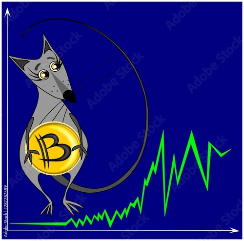 a mouse or rat stands on the background of a bitcoin growth chart and holds a coin in its hands, bitcoin is growing, bitcoin is falling, stock exchanges, cryptocurrency, speculation, vector