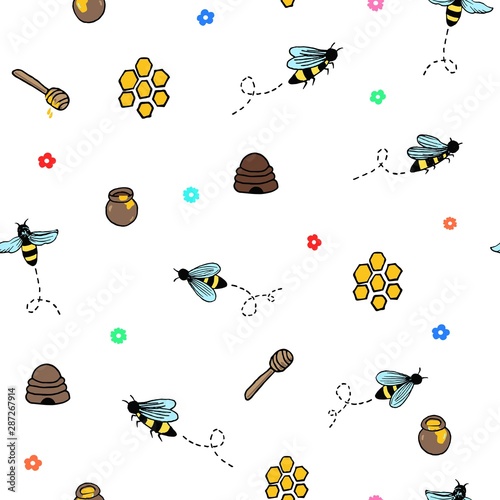 Seamless repeat pattern with buzzing bees, bee hives, honey spoons, pots and ditsy florals