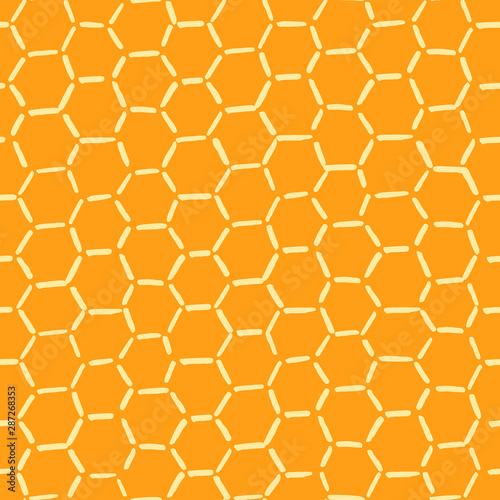 Seamless repeat pattern with yellow hexagon honeycomb shapes in hand drawn strokes on an amber yellow background