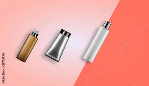 Realistic cosmetic mockups. rose gold cosmetics bottle, container and jar. Women beauty products. Spray, Round Cosmetics Jar Mockup  vector