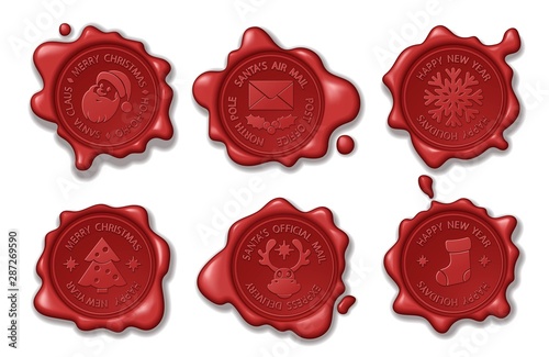 Santa Claus red wax seal. Set  Christmas and New Year seals with holiday symbols.  Christmas mail. Santa's Air Mail.  Design element festive letters, cards, invitations. Isolation. Vector illustration