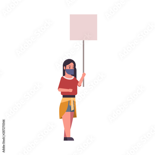 woman wearing face mask girl protester holding blank placard female activist with empty sign banner protest demonstration concept flat full length
