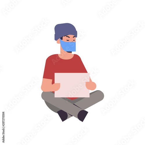 man wearing face mask guy protester holding blank placard male activist with empty sign banner sitting pose protest demonstration concept flat full length