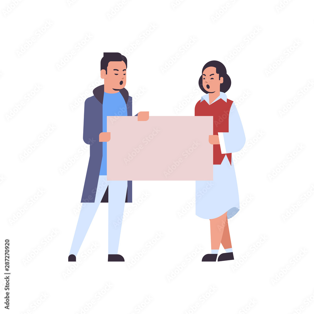 protesters couple holding blank placard man woman activists with empty sign banner protest demonstration strike concept flat full length protesters couple holding blank placard man woman activists with empty sign banner protest demonstration strike concept flat full length