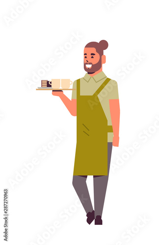 professional waiter holding coffee and cake on tray man restaurant worker in apron serving food concept flat full length white background vertical