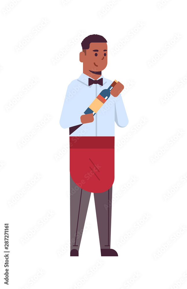 professional waiter holding bottle of wine african american man restaurant worker in red apron offering alcohol drink flat full length white background vertical
