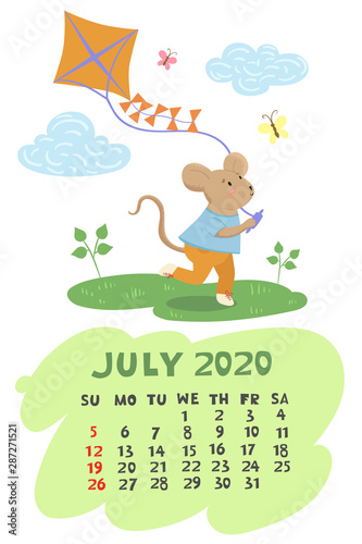 July 2020 calendar with a mouse holding a kite Vector graphics © Екатерина Зирина
