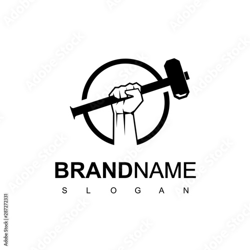 Hand With Hammer For Blacksmith Logo Design Template