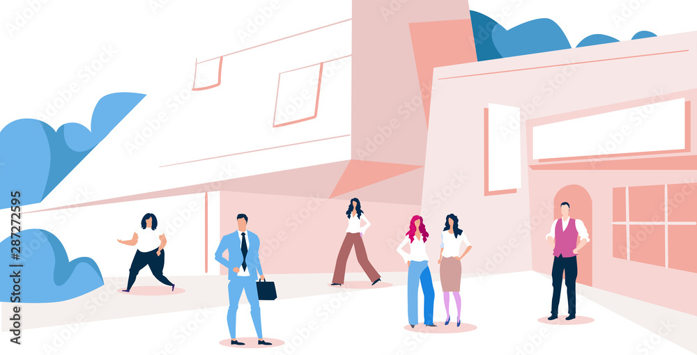 businesspeople group walking outdoors near modern business center men women in formal wear standing in area city office building exterior sketch full length horizontal