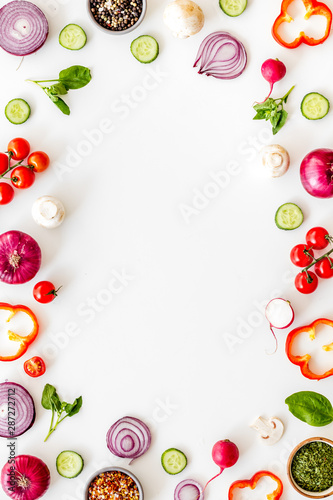 Frame of colorful vegetables on white background top view mock up