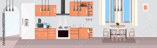 modern kitchen interior empty no people dining room with appliances and furniture table surrounded by chairs flat horizontal