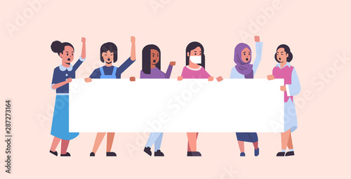 women protesters holding blank placard mix race girls activists with empty sign banner protest demonstration strike concept flat full length horizontal