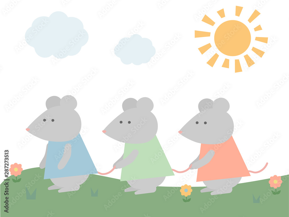 Naklejka premium 電車ごっこするネズミたち 丘の上