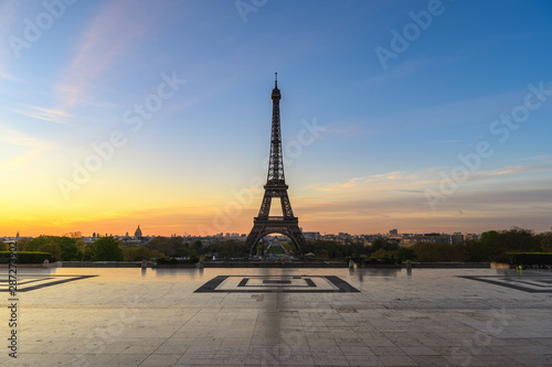 Paris France city skyline sunrise at Eiffel Tower and Trocadero Gardens © Noppasinw
