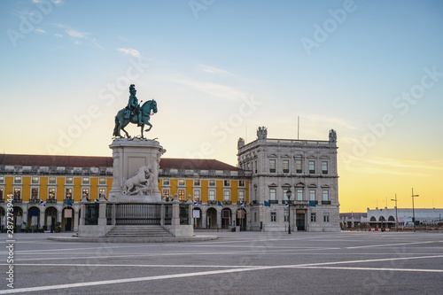 Lisbon Portugal sunrise city skyline at Arco da Rua Augusta and Commerce Square