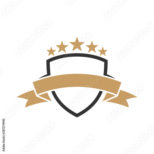 shield logo template with ribbon and stars ready for use, shielding icon, security and protector symbol
