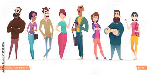 Group of charismatic smiling young people standing together. People and students,  young professionals collection. 