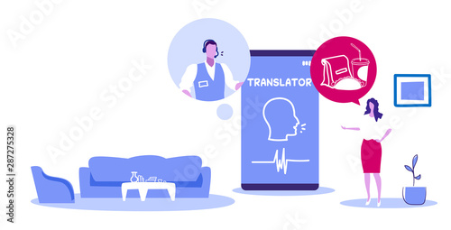 woman using online translator to ordering food delivery mobile application translating language by voice customer discussing with call center operator communication concept sketch horizontal