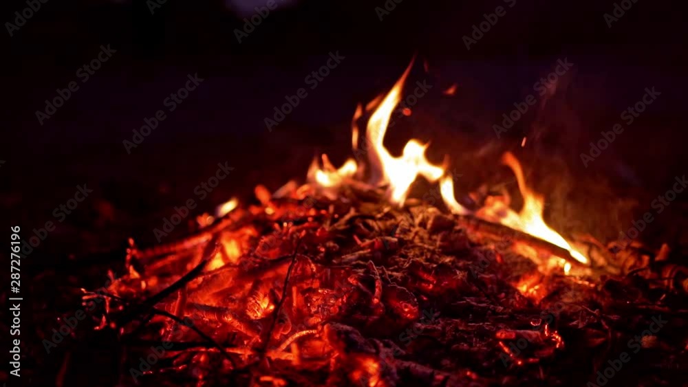Embers of wood burning and smouldering at darkness. Glowing coals of black firewood at night outdoors. Close-up. Embers of wood burning and smouldering at darkness. Glowing coals of black firewood at night outdoors. Close-up.