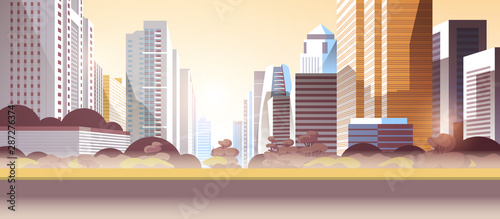 modern street city skyscrapers toxic gas air pollution industry smog polluted environment concept cityscape skyline background flat horizontal