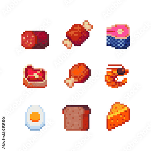 Tiny pixel art food icons, sausage, meat, fish, salmon steak, chicken, shrimp, boiled egg, bread, cheese piece. Design for logo, sticker and mobile app. Isolated vector illustration. 