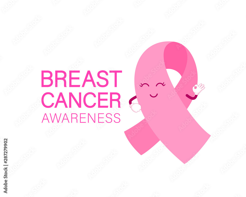 Cartoon pink ribbon character design. Breast Cancer Awareness Month