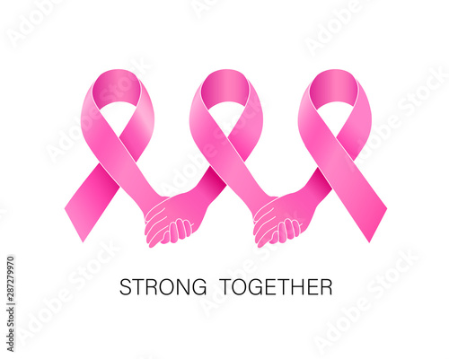 Holding hands in pink ribbon. Breast Cancer Awareness Month Campaign. Icon design for poster, banner, t-shirt. Illustration isolated on white background.